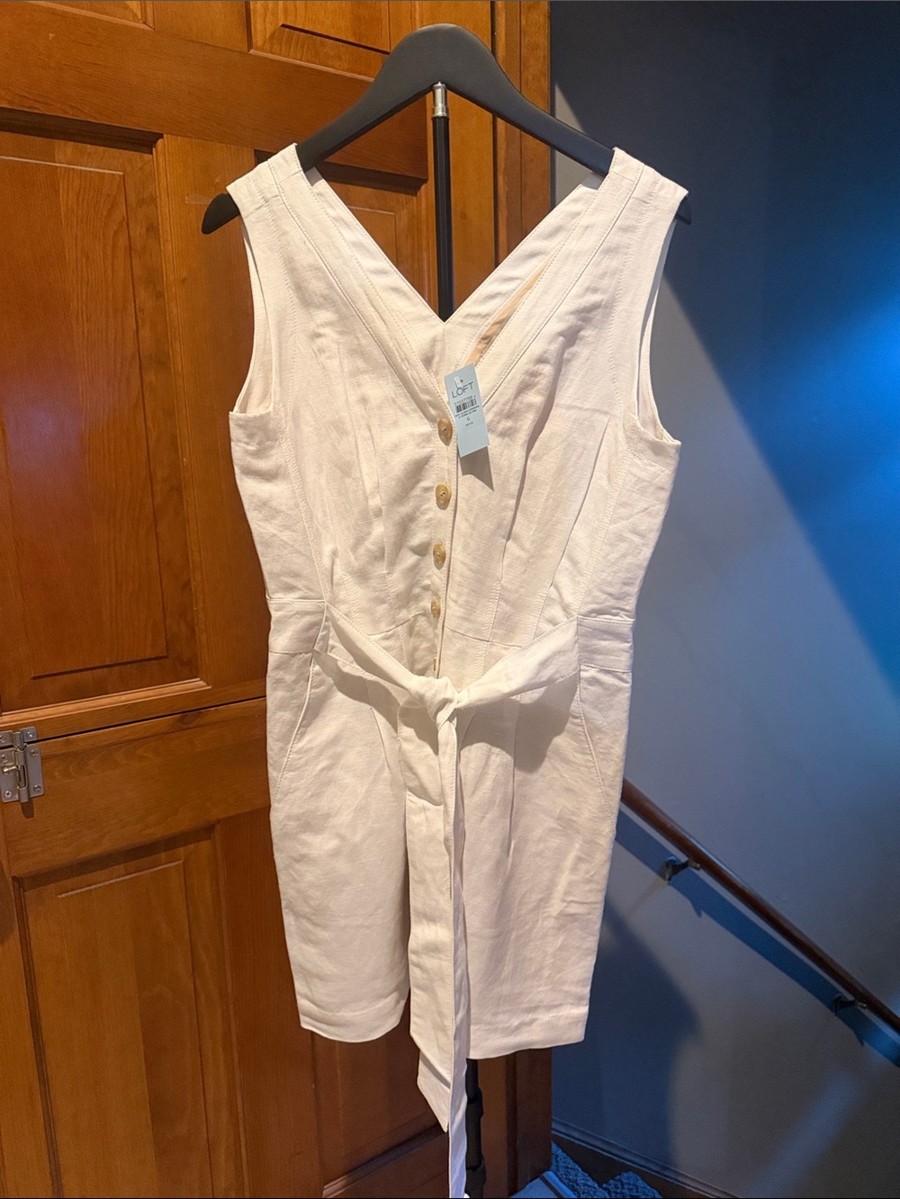 Loft White Linen V-Neck Button Romper with Tie